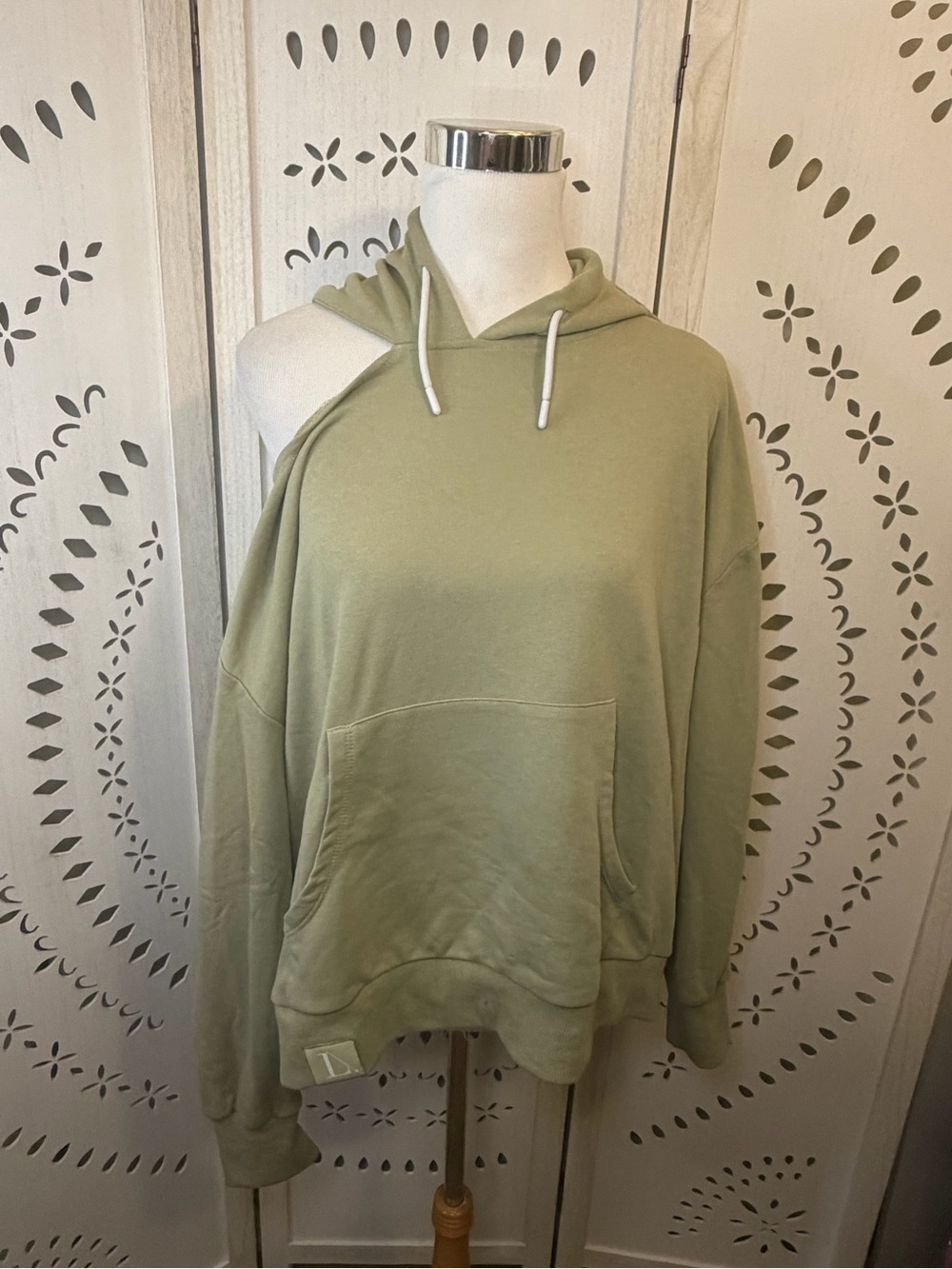 LimeLife Asymmetrical Cut Out One-Shoulder Hoodie in Sage Green